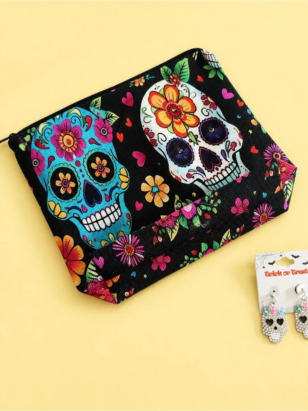 Sugar Skull Makeup Bag + Matching Rhinestone Earrings Set